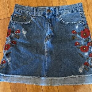 Zara Blue Denim Skirt with Red Floral Embroidery